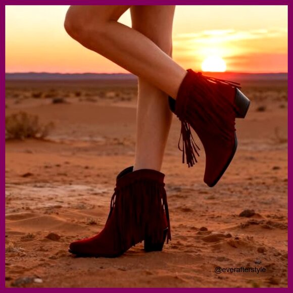 Fringe Tassel Western Ankle Boots, Pull-On Suede Cowboy Booties, 6cm Heel - Picture 3 of 6
